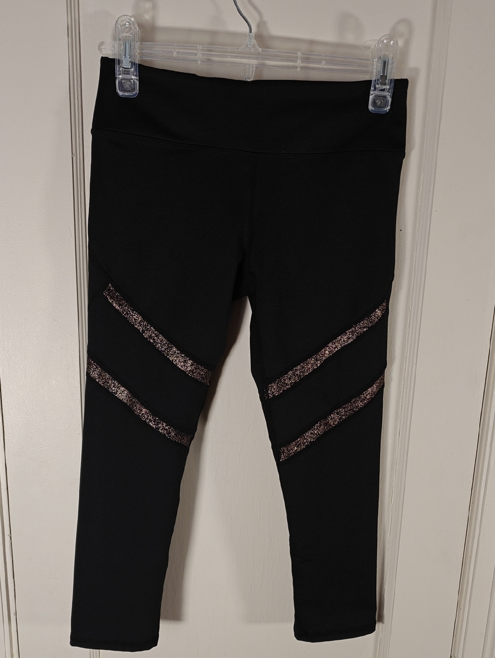 Fabletics Black Capri Leggings with Rose Gold Glitter Stripes